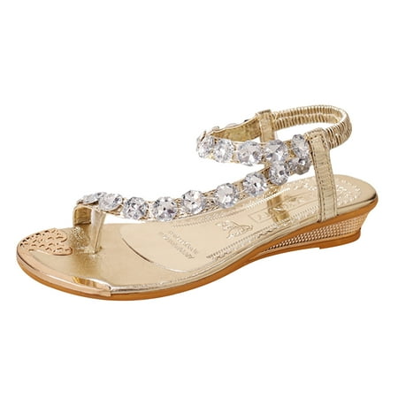 

Comfortable Sandals for Women Womens Ladies Fashion Bohemia-Style Crystal Wedge Slip On Beach Slippers Shoes Pu