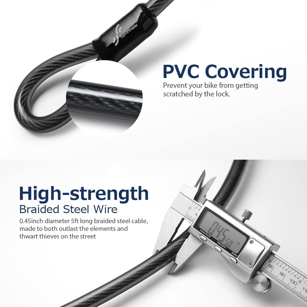 Bike Lock: Heavy Duty Anti U Lock With 5ft Security Steel Cable - 17mm Shackle Bicycle U-locks 2 Keys & Mounting Bracket For Road Mountain  Size 7.76''x5.02'' 1.64lb