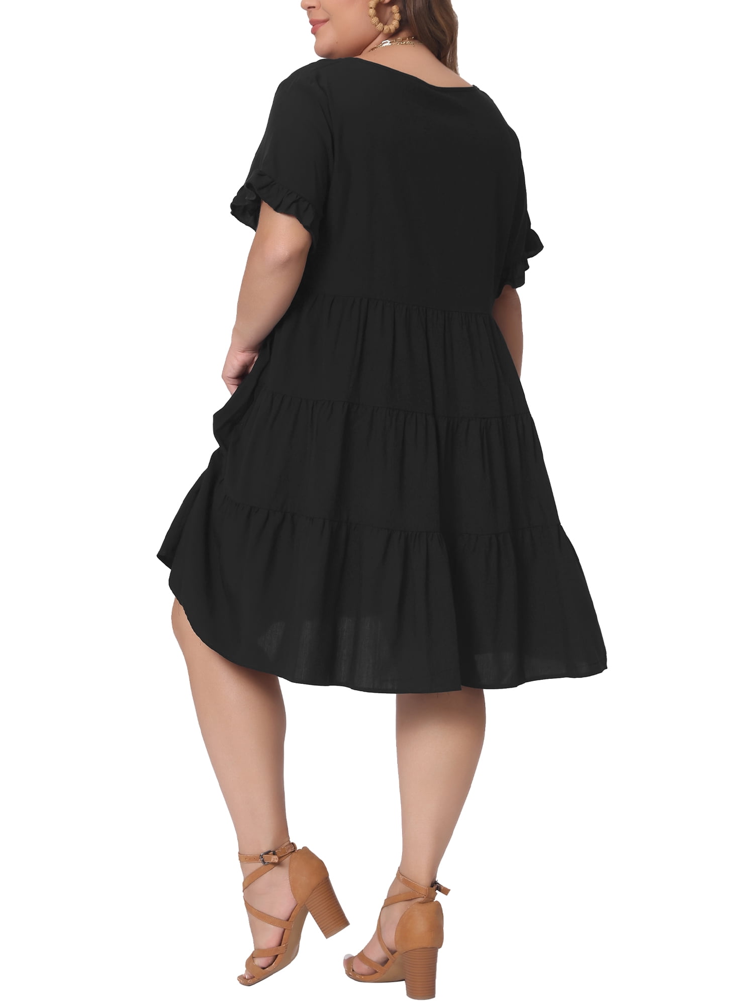 DARING DIVA Women's Plus Size V Neck Ruffle Sleeve Swing A Line Tiered Dress 4X Black