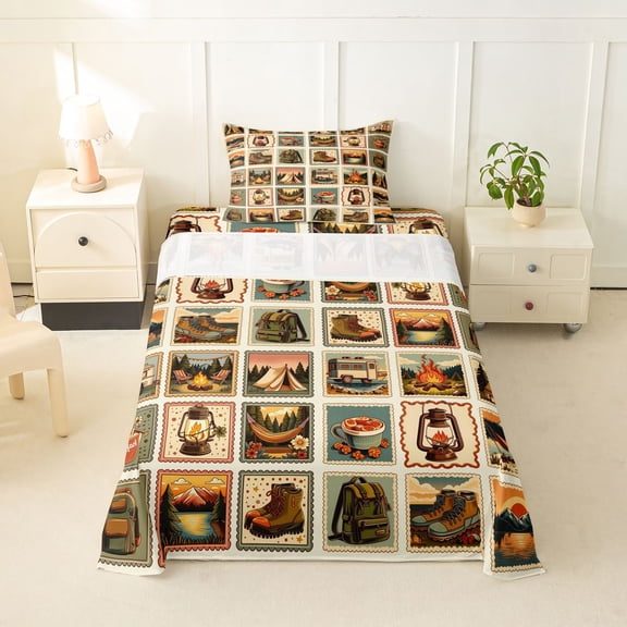 Catabedysis Camping Themed Twin Sheets,Rustic Outdoor Adventure Bedding For Boys,Multicolor,3pcs,1 Fitted Sheet and 1 Pillowcase
