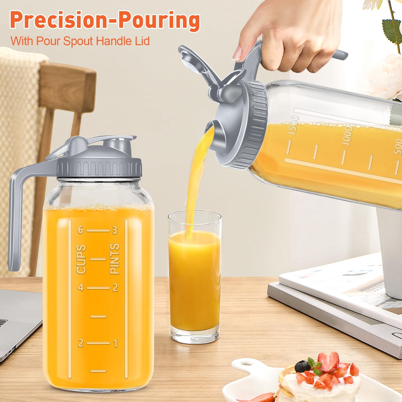 JOGGEIL Glass Pitchers with Lid Set of 2,64OZ Mason Jars with Lid,2 Quart Glass Water Pitcher with Lid,Airtight Seal Wide Mouth Water Jug–Perfect for Cold Brew Coffee,Sun Lemonade, Juice,Milk Gray