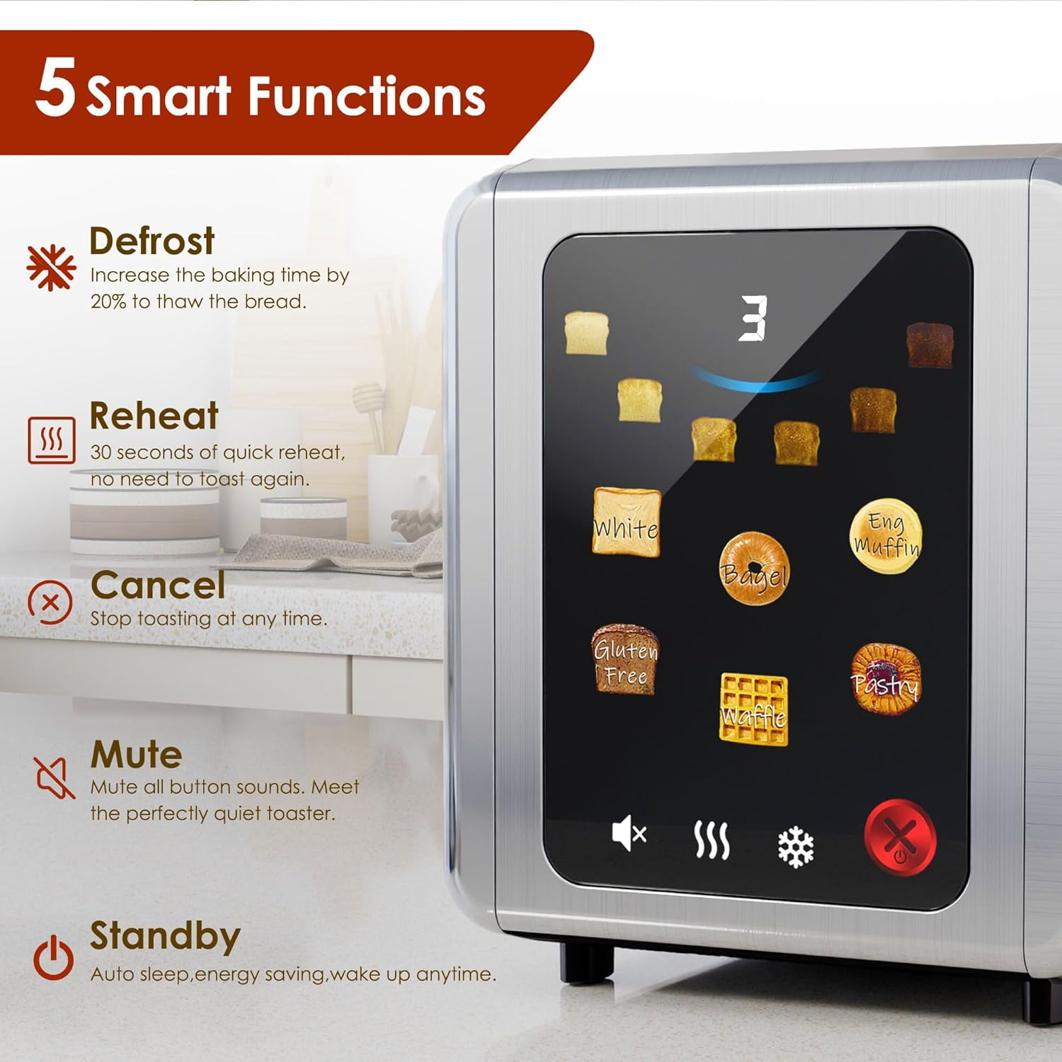 WHALL Touch Screen Toaster 2 Slice, 1.5'' Extra Wide Slot Stainless Steel Toaster with Digital Timer, 6 Bread Types & 6 Shade Settings, Crumb Tray, Reheat/Defrost, Smart Toasters for Breads