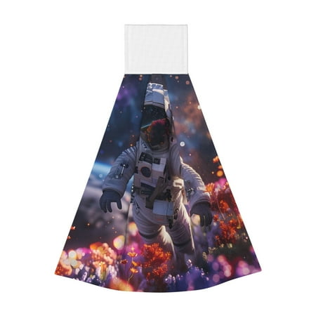 

Qekee Astronaut In Cosmic Garden Print Hanging Kitchen Towels Coral Velvet Wipe Hand Towel Absorbent Hand Towels Microfiber Tie Towel for Bathroom Kitchen Decor