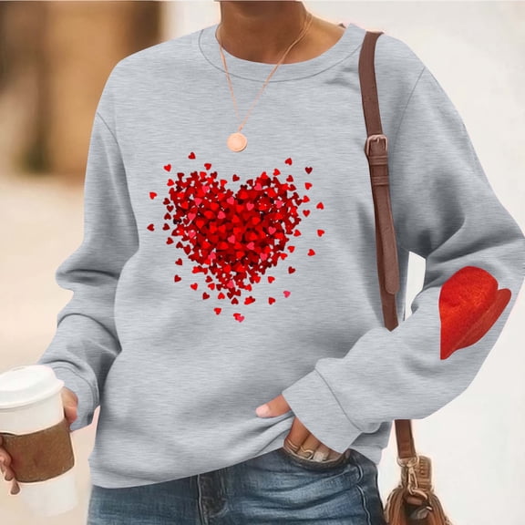 GuzomFashion Womens Gray Casual Heart Graphic Sweatshirt - 100% Polyester Crew Neck Long Sleeve, Relaxed Fit Soft Wrinkle-Resistant Valentine's Day Top,Size L