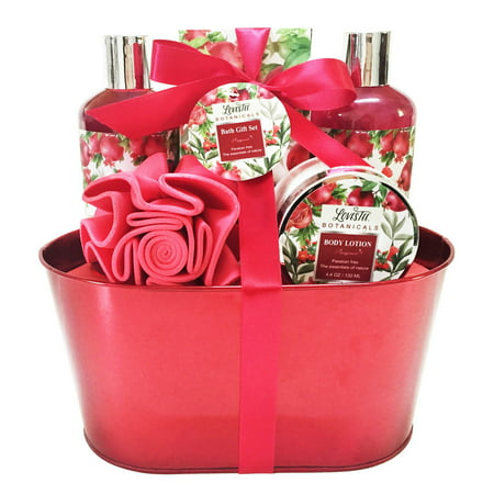 Best Mothers Day Bath and Body Gift Set for Women, Aromatherapy Spa Gift Basket with Organic Pomegranate Scent by Lovestee includes Shower Gel, Bubble Bath, Body Lotion, Bath Salt,