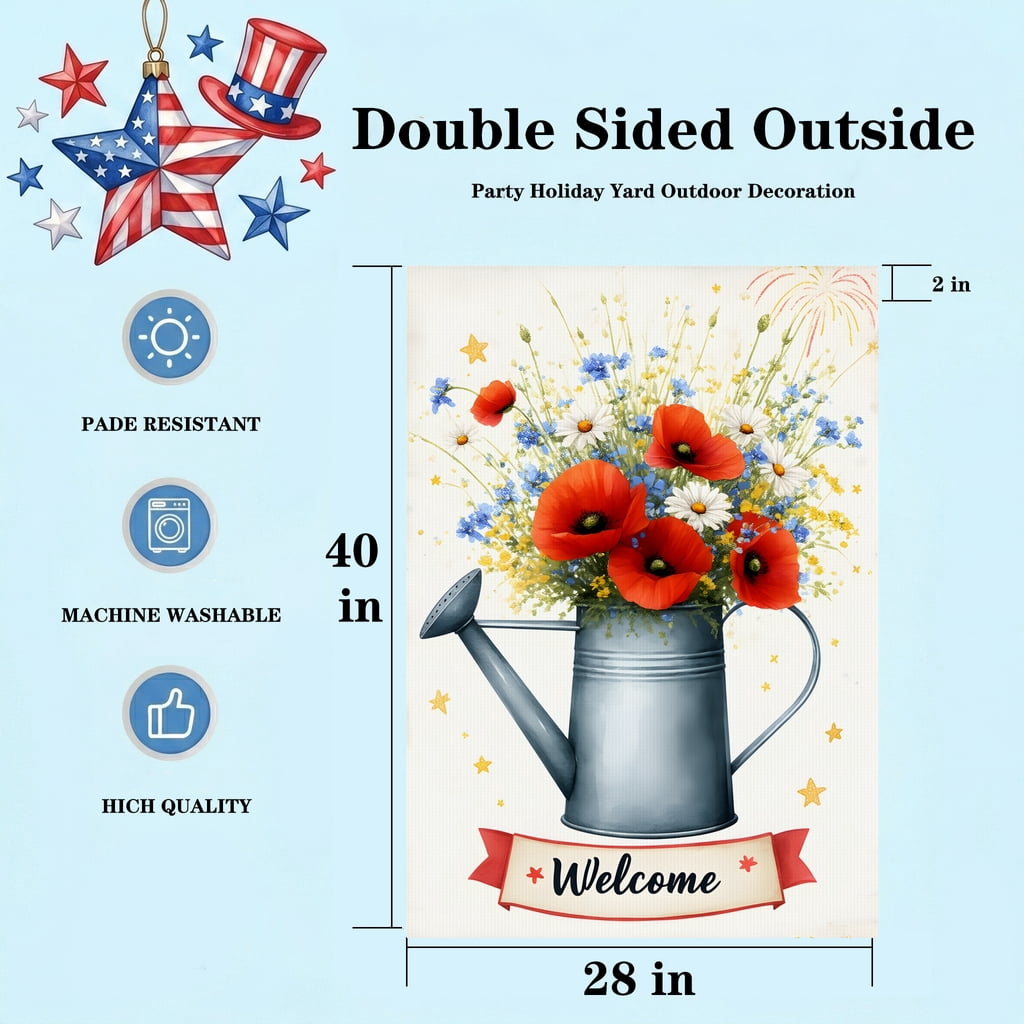 250 anniversary garden flag A watering can filled with red and white flowers. Welcome usa flag decor 28x40 Inch Decorative Size fourth of july decorations outdoor