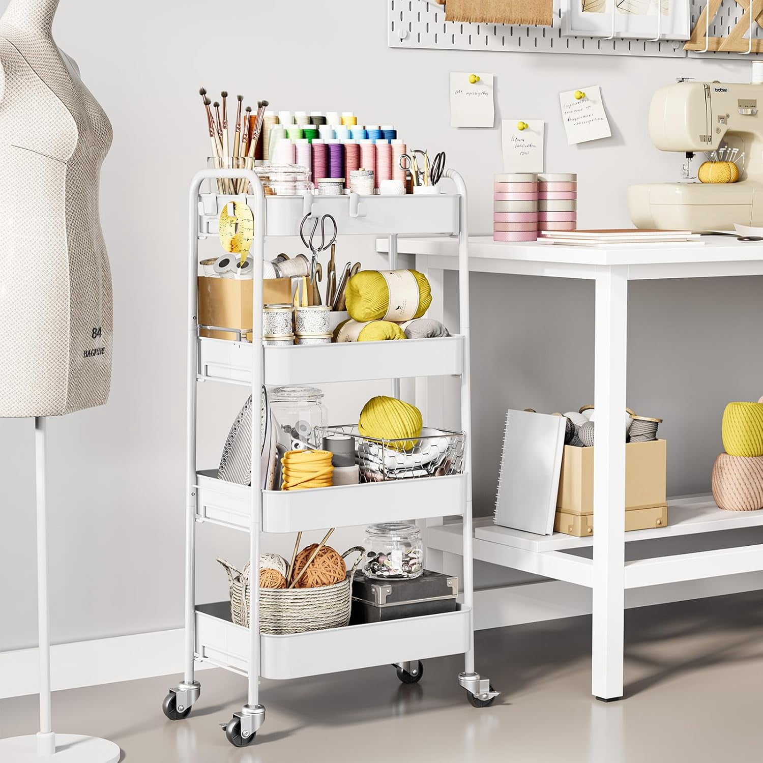 4-Tier Metal Rolling Cart with Wheels, Storage Utility Organizer Cart for Kitchen, Bathroom, Office, Baby Essentials & Makeup - Lockable Casters, Easy Assembly, Large Capacity, White