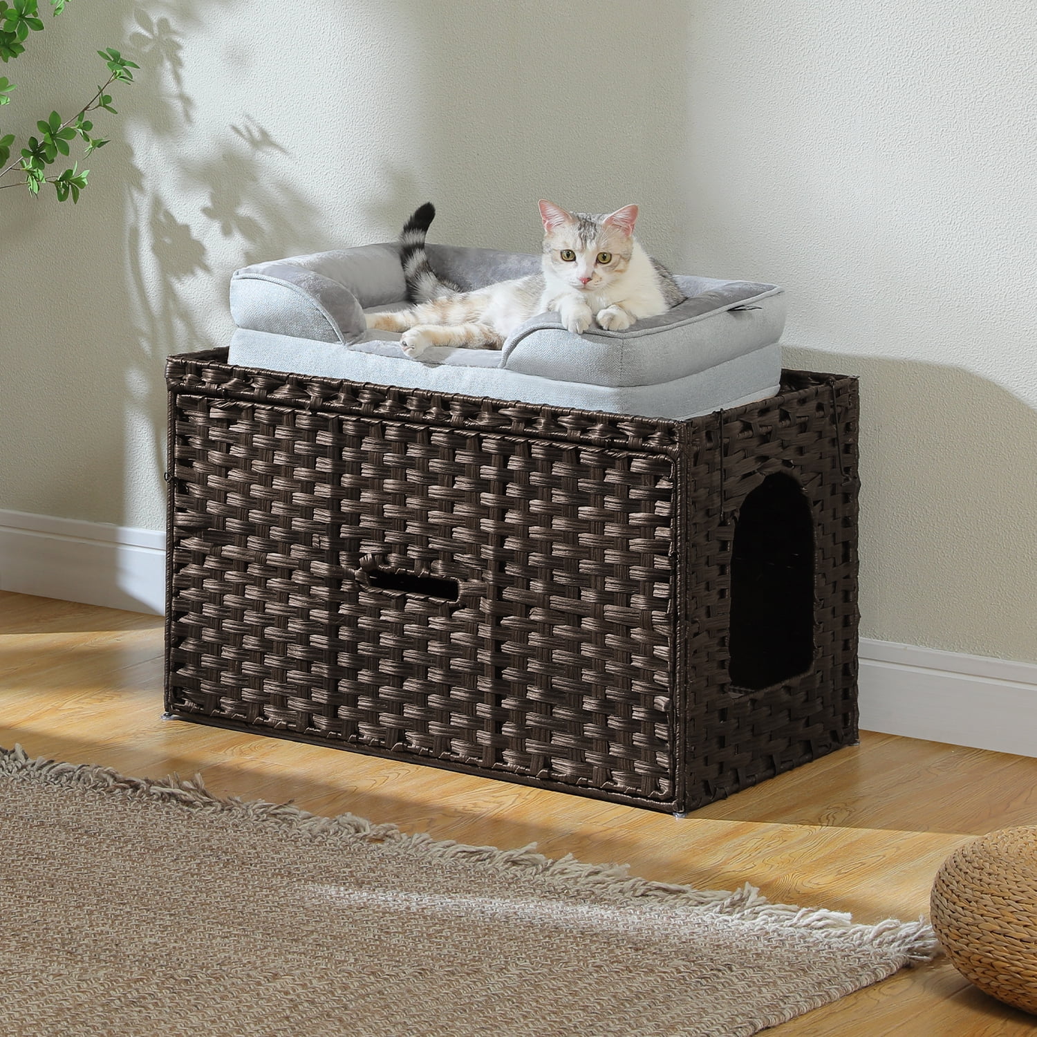 PEQULTI Rattan Cat Litter Box Enclosure Pet House with Taller Doorway for Large Cats Indoor Brown