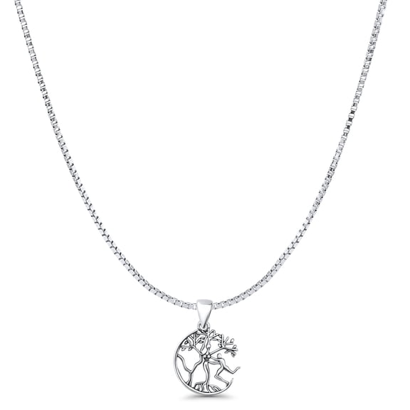 16" Long 1mm Bead Chain- Tree & Man Filigree Pendant Necklace Oxidized Vintage Style 925 Sterling Silver 14.8mm Pendant Gift For Her