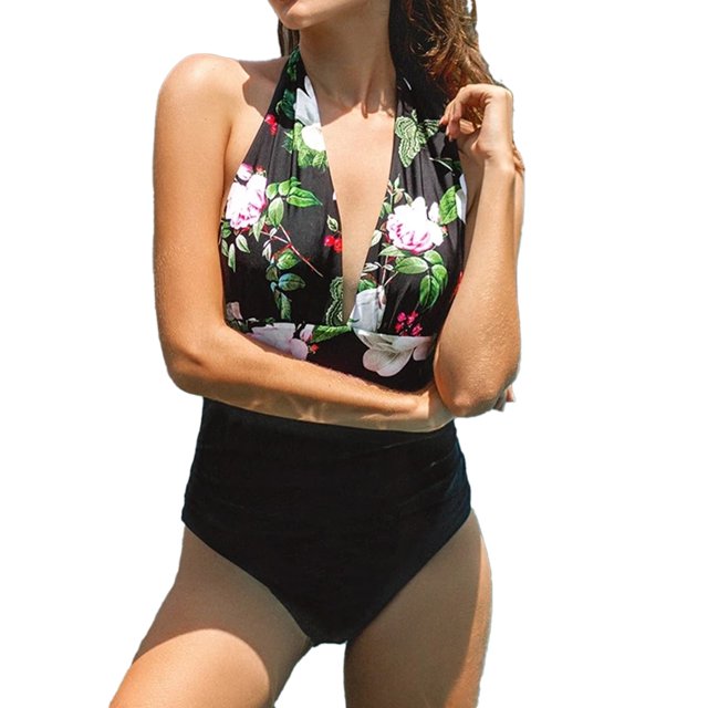 Traje de baño de una pieza para mujer, cuello en V profundo, espalda descubierta, estampado de flores, empalme, traje de baño Halter negro XXL