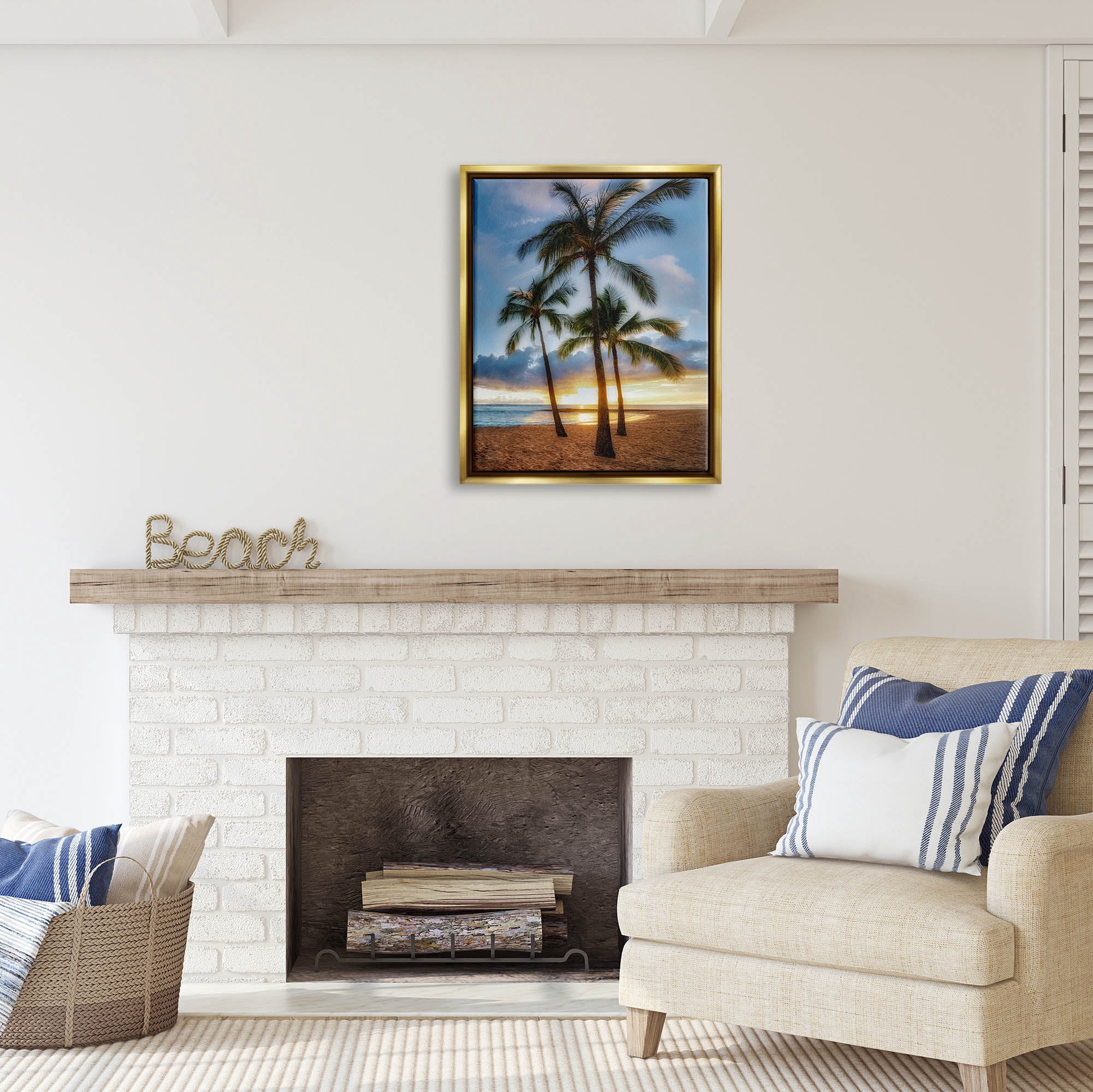Stupell Industries Palm Trees Tropical Beach Cove Coastal Photography Gold Floater Framed Art Print Wall Art