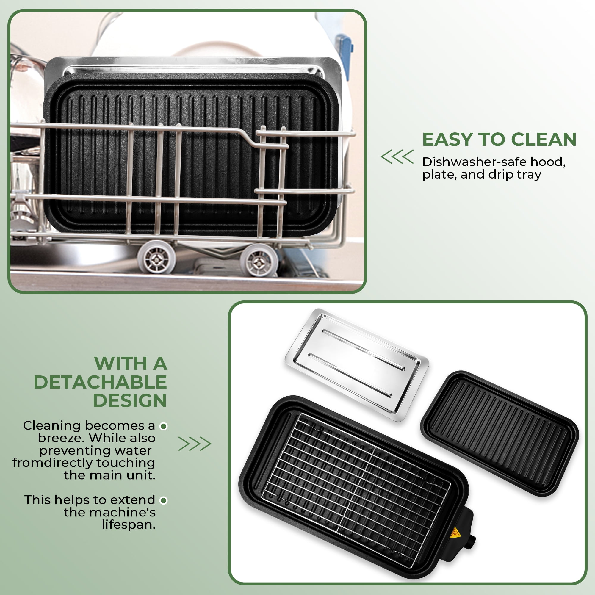 SUSLAS Electric Indoor Grill & Griddle, 1500W Smokeless Design with 3 Removable Nonstick Plates, Dishwasher Safe, Adjustable Temperature Control for Indoor Cooking(green)