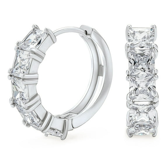 Princess Cut Square Set Iced Elegant Men Women White Gold Plated 925 Sterling Silver Hypoallergenic Small Trendy Cool Huggie Hoop Earrings