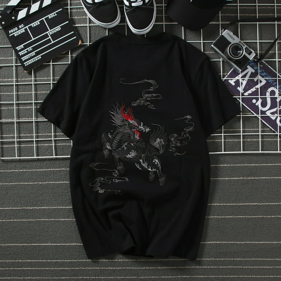 Streetwear Japanese Harajuku Tshirt Short Sleeves Shirt Embroidery Dragon Urban Fashion Tee