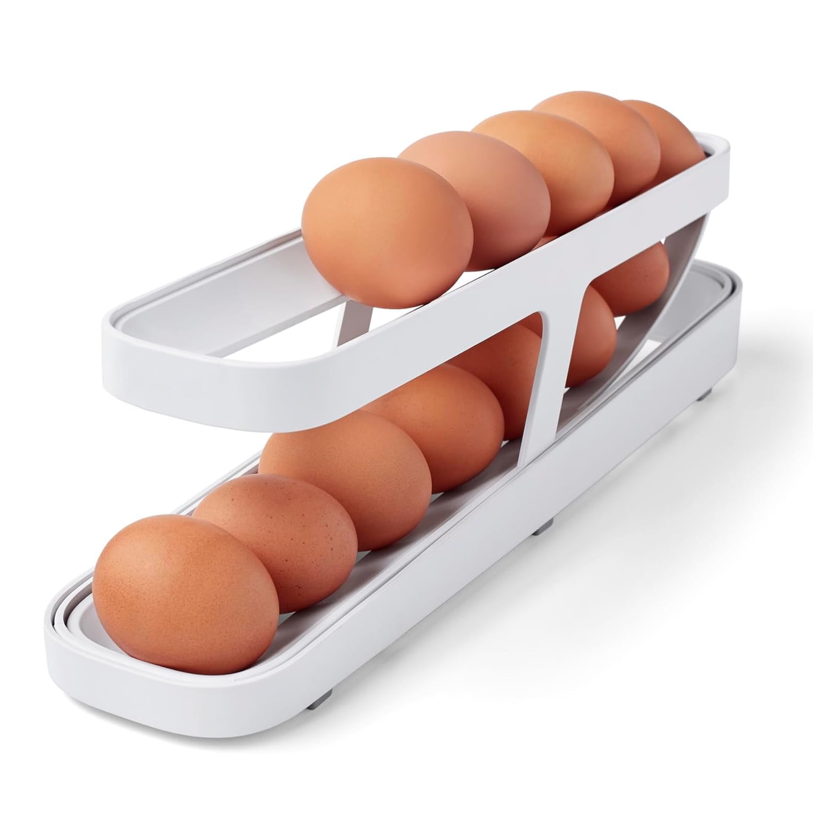 Rekopi Egg Dispenser, 2 Tiers Egg Holder Space-Saving Rolling Organizer for Fridge Storage, White