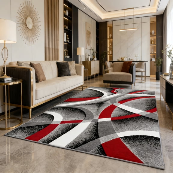 Brythos Black White Red Geometric Rug 8x10 ft, Modern Abstract Pattern Living Room Carpet, Contemporary Home Floor Decor