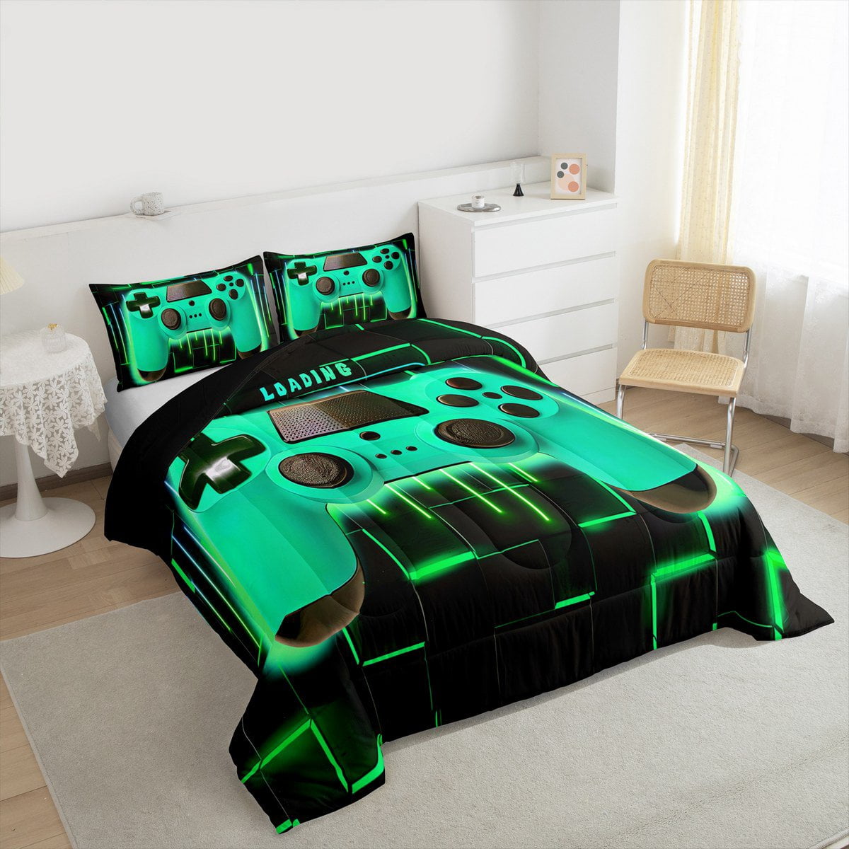 Green Gaming Full Size Comforter Sets - Gamer Comforter Full Size Bedding Set, Neon Lights Abstract Geometry Design Gamer Room Decor