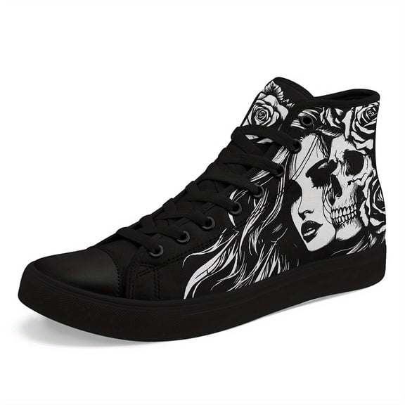 Coolcustomize toMen's Gothic Punk Shoes, Plus Size High-Top Sneakers, Black & White Gothic Woman face Floral pattern - Cushioned Rubber Sole, Athletic Couple Shoes for Men, Dressy Shoes