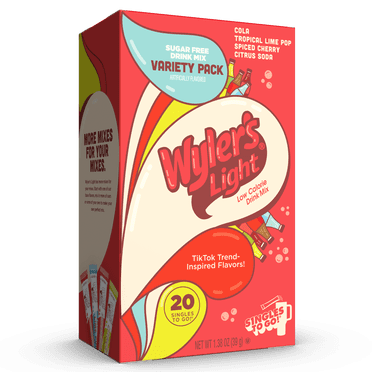 Wyler’s Light Watertok Singles to Go Powdered Drink Mix Variety Pack, Cola, Tropical Lime Pop, Spiced Cherry & Citrus Soda, 20 Count Packets