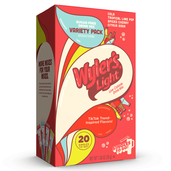 Wyler’s Light Watertok Singles to Go Powdered Drink Mix Variety Pack, Cola, Tropical Lime Pop, Spiced Cherry & Citrus Soda, 20 Count Packets