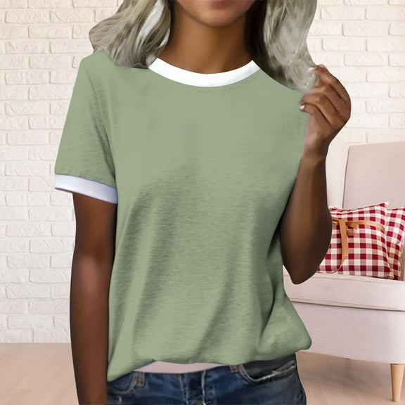 Green Womens Blouses Women's Spring Round Neck Color Blocked Loose Casual Short Sleeve T Shirt Ladies Tops and Blouses