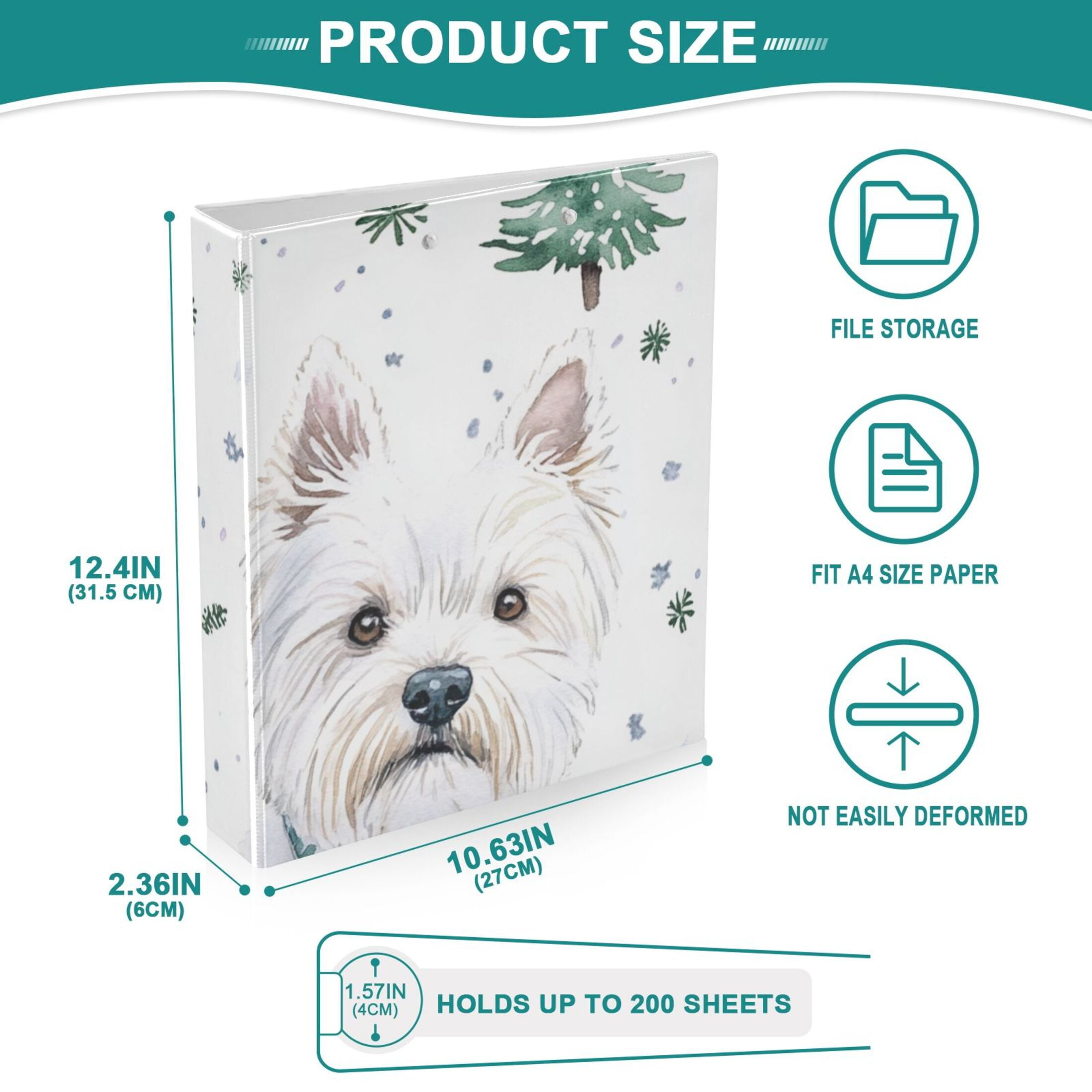 White Dogs Trees 3 Ring Binders 1.5 inch Hardcover File Folders with Interior Pockets A4 Size Organizer for School Office Hospital