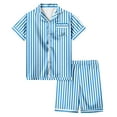 thumbnail image 2 of Cotton Pajama Short Set Button Stripe Preppy Pajamas Silk and Stain Short Sleeve Easter Sunday Tops and Bottom SummerSet Trendy Stripe Loungewear SetWith Pockets #Sky Blue 3-4 Years, 2 of 4