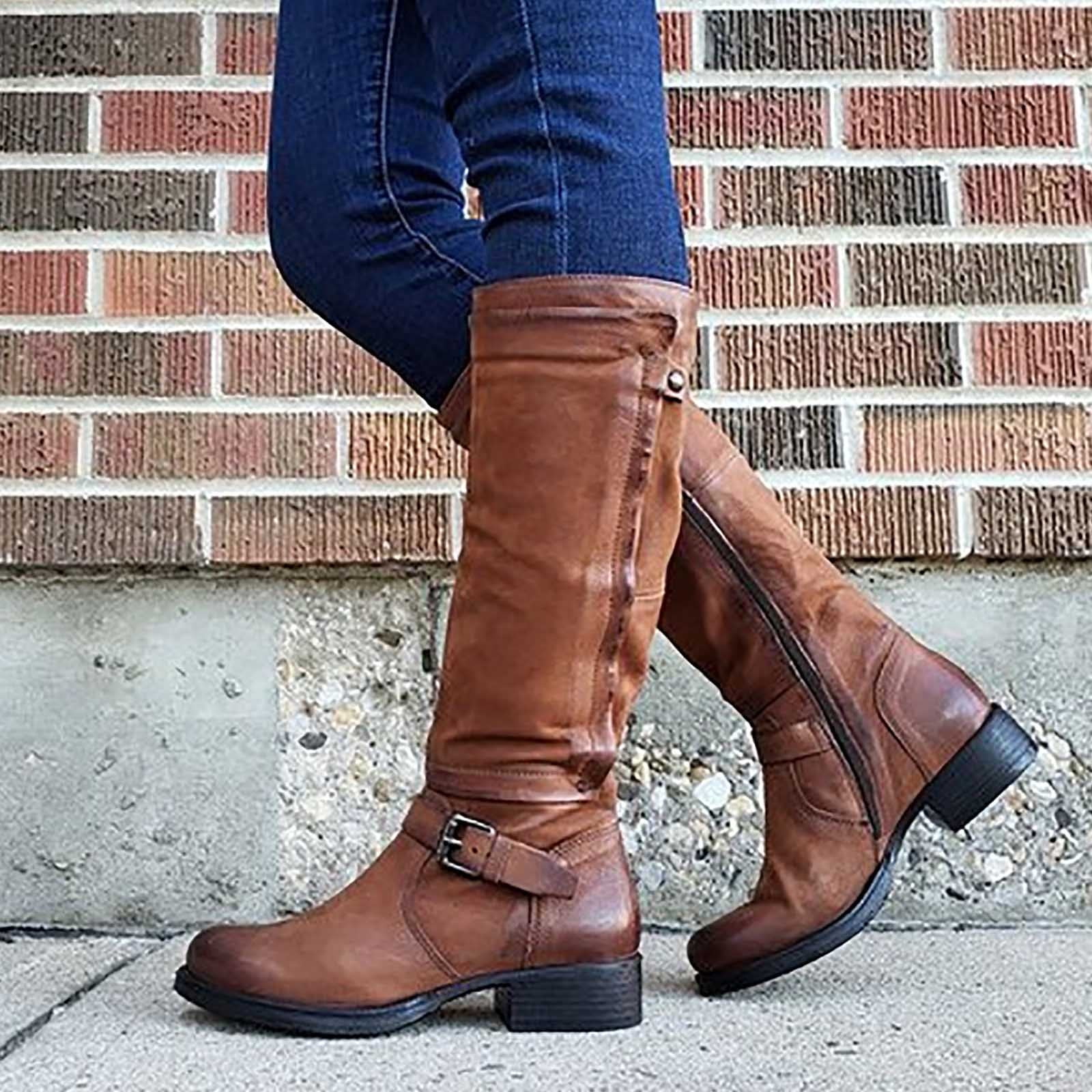 Mid calf brown leather boots best sale