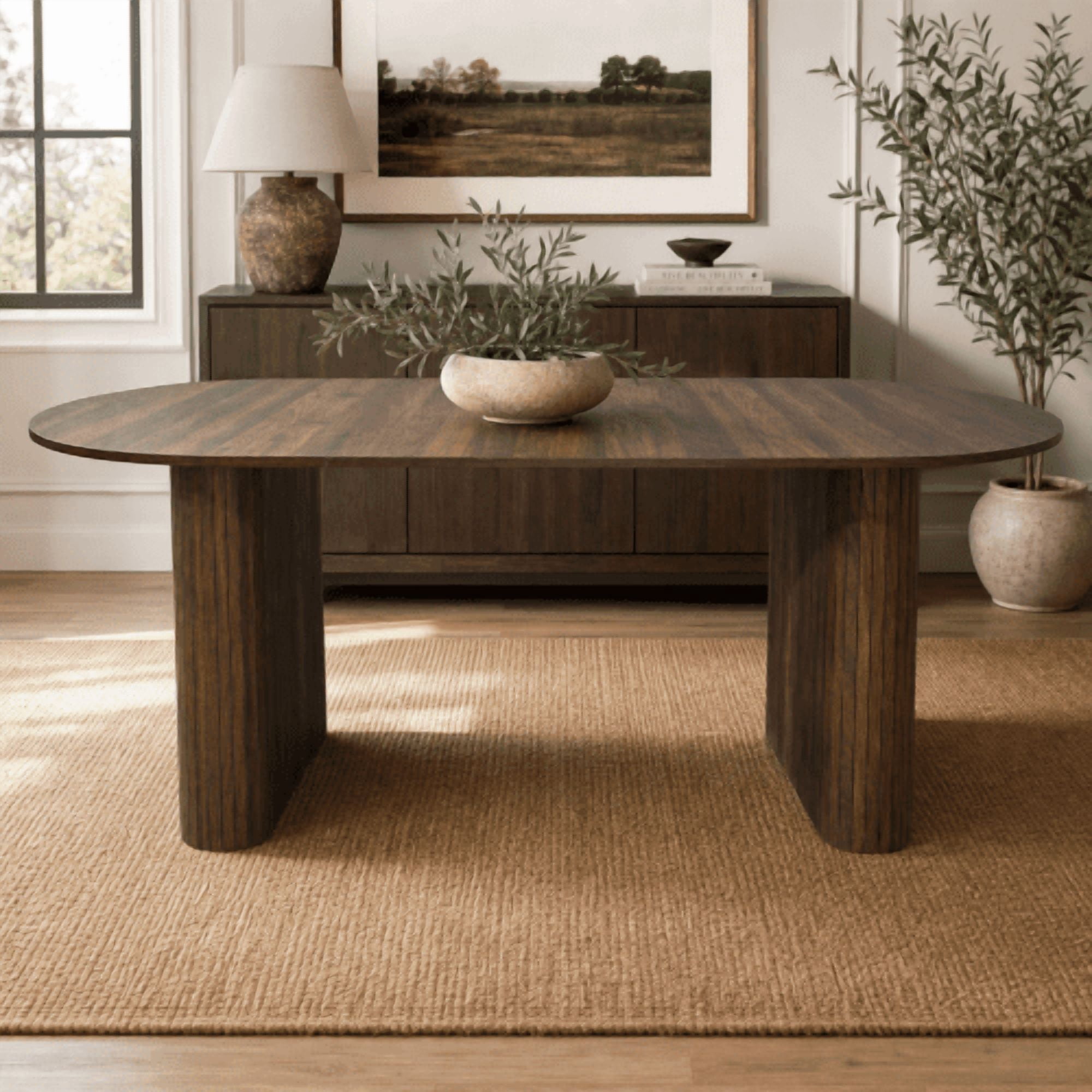 70.8" Oval Dining Table for 4-8 People, Modern Farmhouse Kitchen Table with Wood Strip Base, Walnut