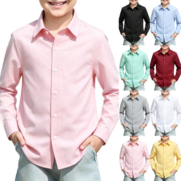 Boys Long Sleeve Dress Shirts Kids Classic Collared Button-Down Shirt School Uniform Shirts Pink,6-7 Years