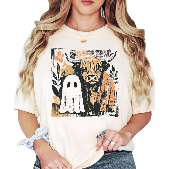 Ghost and Highland Cow Halloween Shirt for Women & Teens Cute Spooky Fall Graphic Tee Ivory Shirt Adult Medium