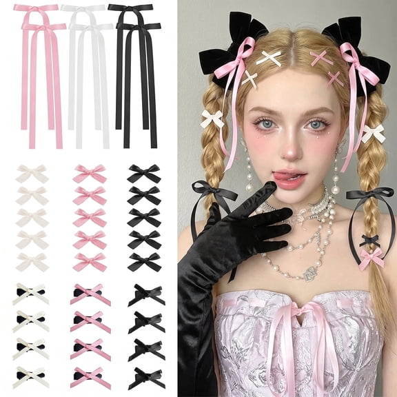 TUWAFE 33Pcs Mini Hair Bows for Girls&Women,3 Styles,Black White Pink,Small Alligator Clips with Long Tail Ribbon Hair Accessories