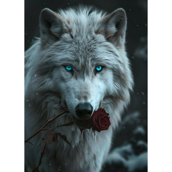 5D DIY Diamond Art White Wolf with Rose DIY Paint with Full Drill Round Diamond Gems Painting by Number Kits for Adults Art Craft Home Wall Decor 15.8x19.8in