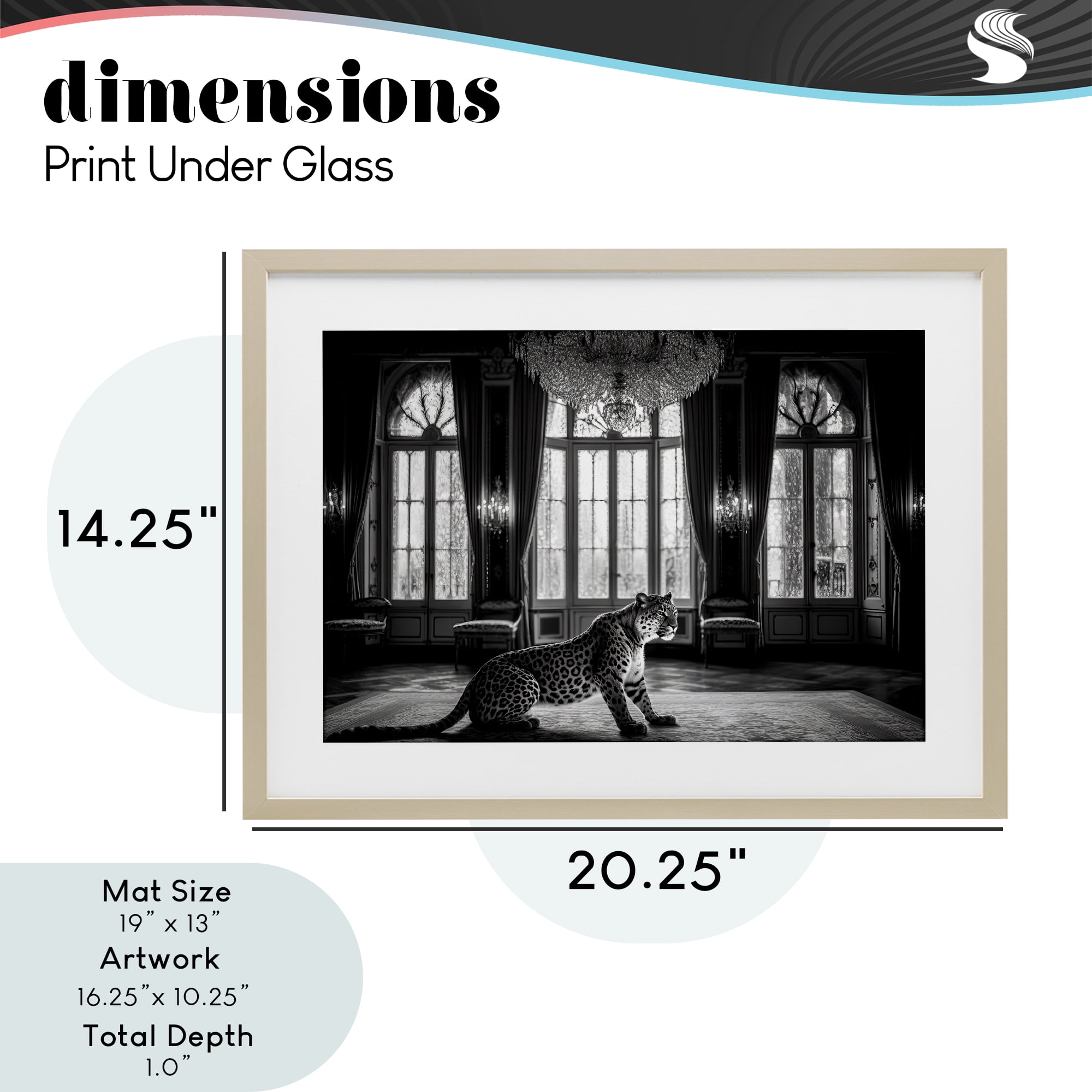 Snow Leopard in Opulent Mansion Birch Framed Print Under Glass, design by Decent Exposures
