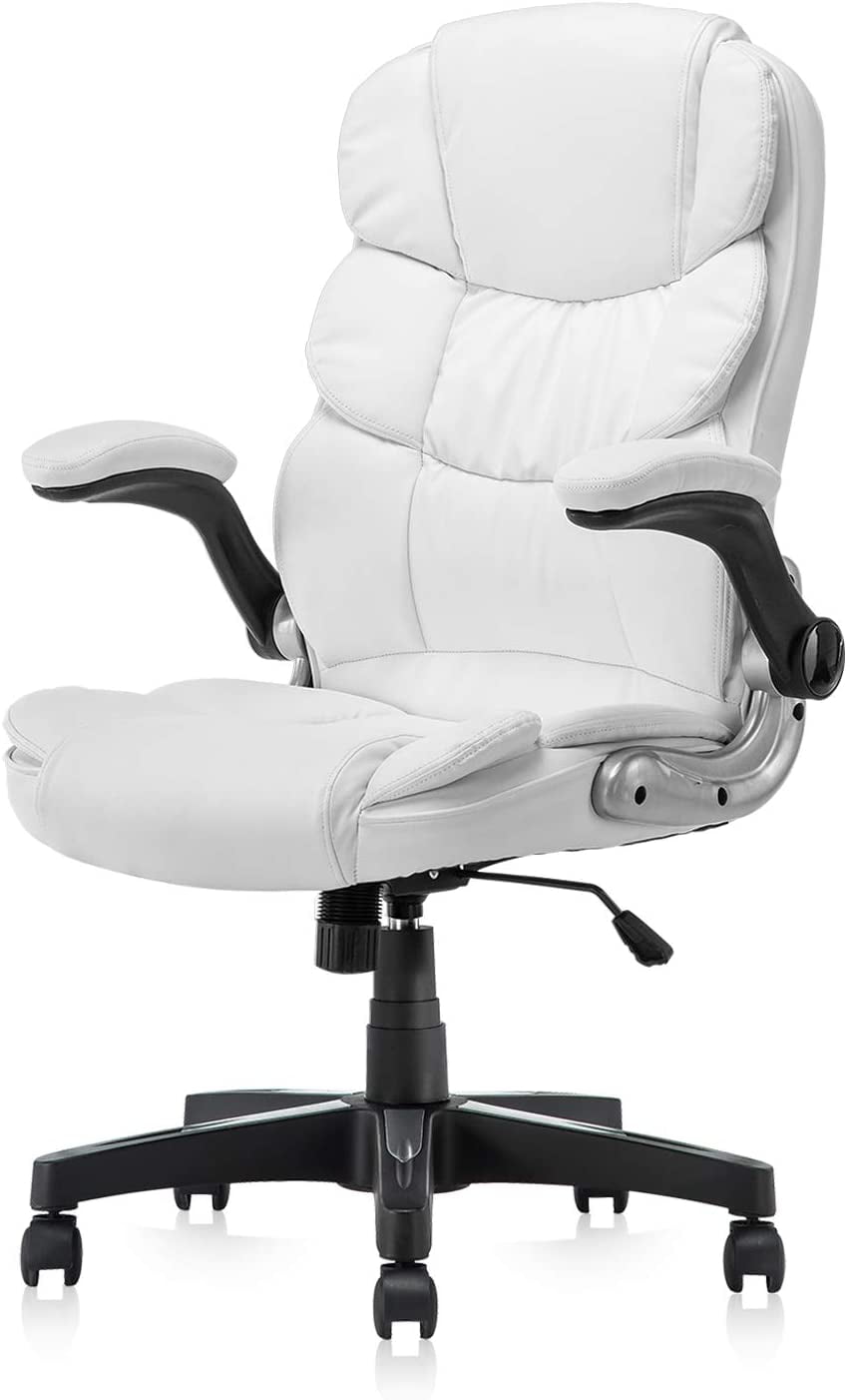 Wheels Seatingplus White Office Chair Ergonomic PU Leather Office Chair with Flip-up Arms High Back Home Office Desk Chair of American Flag Pattern with Back Support 