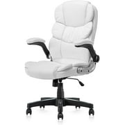 SeatingPlus High Back Ergonomic Office Chair Premium PU Leather Executive Swivel Desk Chair with Padded Flip-up Armrests, White