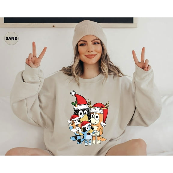 Moonlight Apparel Bluey Family Christmas T-Shirt for Women & Men Holiday Graphic Tee with Santa Hat Cartoon Print Funny Xmas Gift Casual Cotton Blend Short Sleeve Top