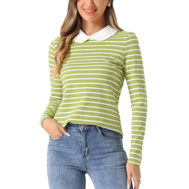 INSPIRAR CHIC Blusa Casual de Manga Larga para Mujer con Cuello de Muñeca a Rayas Contrastantes y Elástico en la Parte Posterior XS Verde Claro