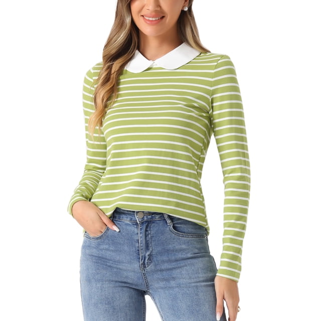 INSPIRAR CHIC Blusa Casual de Manga Larga para Mujer con Cuello de Muñeca a Rayas Contrastantes y Elástico en la Parte Posterior XS Verde Claro