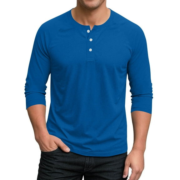 Wyobmus Henley Shirts for Men Casual 3/4 Sleeve Thermal Pullover Shirt Front 3-Button Crew Neck T-Shirt Tops A-Blue