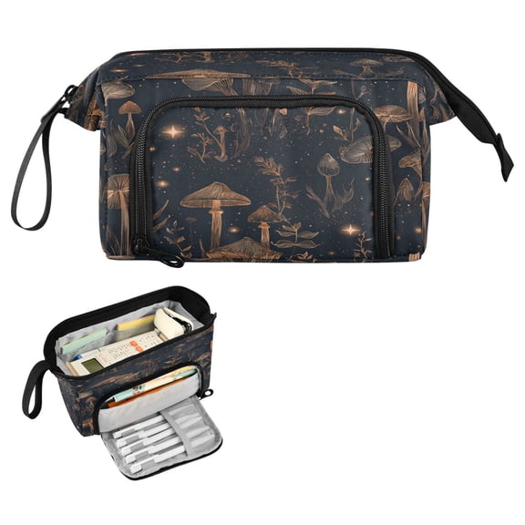 Nylon Fish Mouth Pencil Case with Large Capacity Zipper Pencil Pouch Mushrooms and Plants Pattern Pencil Bag Organizers
