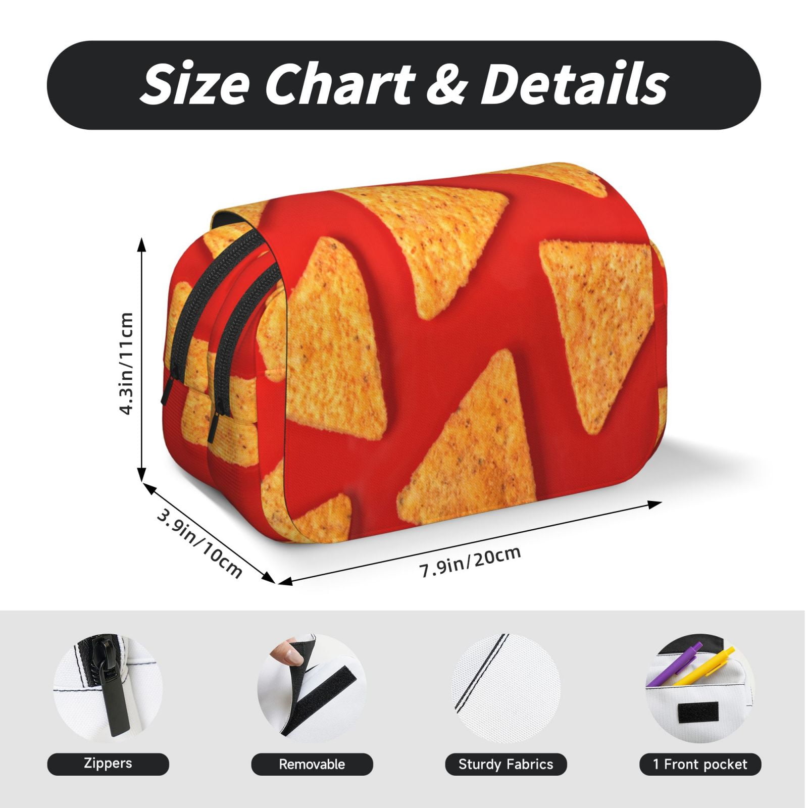 Rateoe Tortilla chips Pattern Double Clamshell Pen Case, Storage Organizer with Two Zipper Compartments– Holds Up to 50 Pencils & Pens