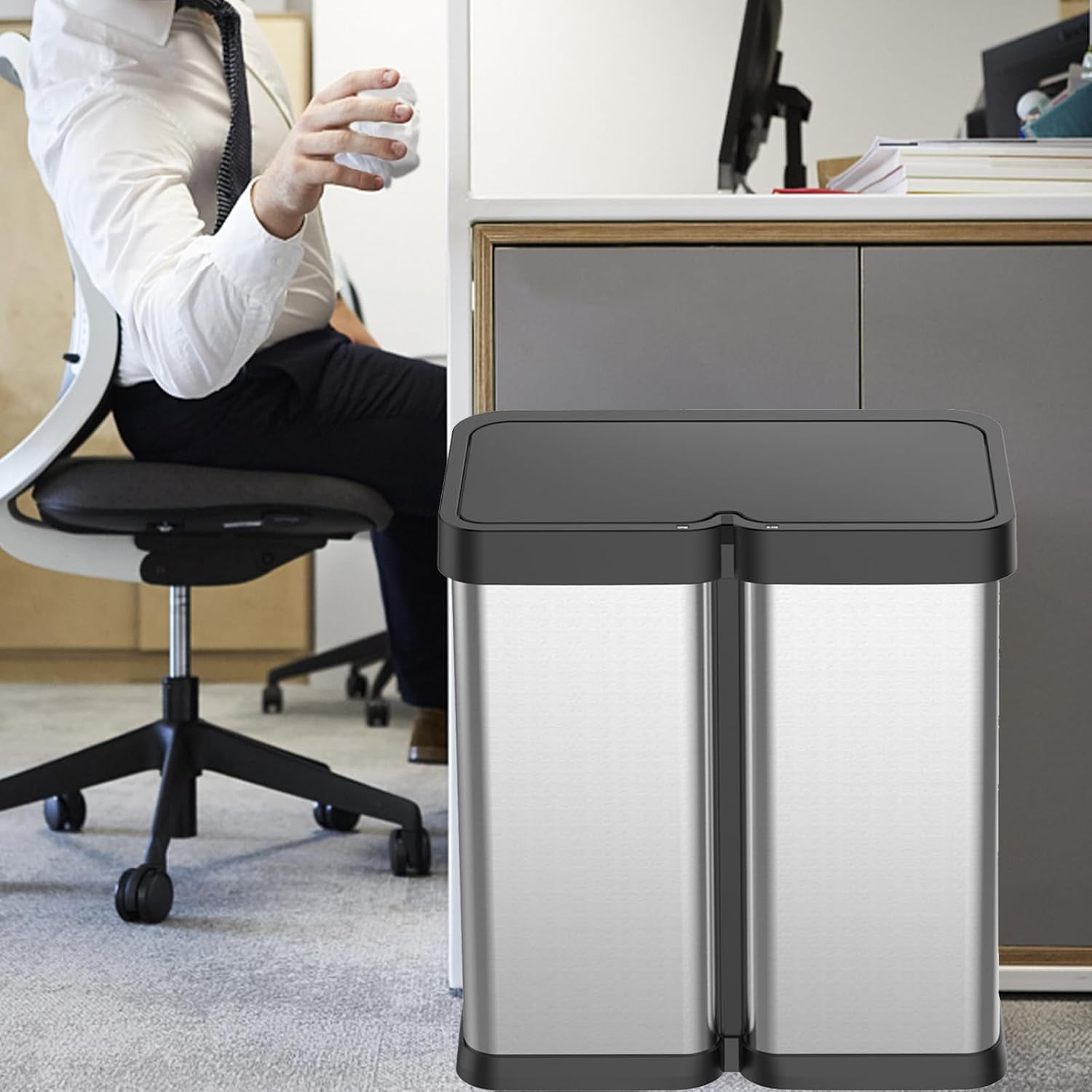 16 Gallon Automatic Trash Can, 30L+30L Stainless Steel Dual Garbage & Recycle Bin, Touchless Automatic Garbage Can, Soft Close Lid, Classified Garbage Can for Kitchen Living Room Office