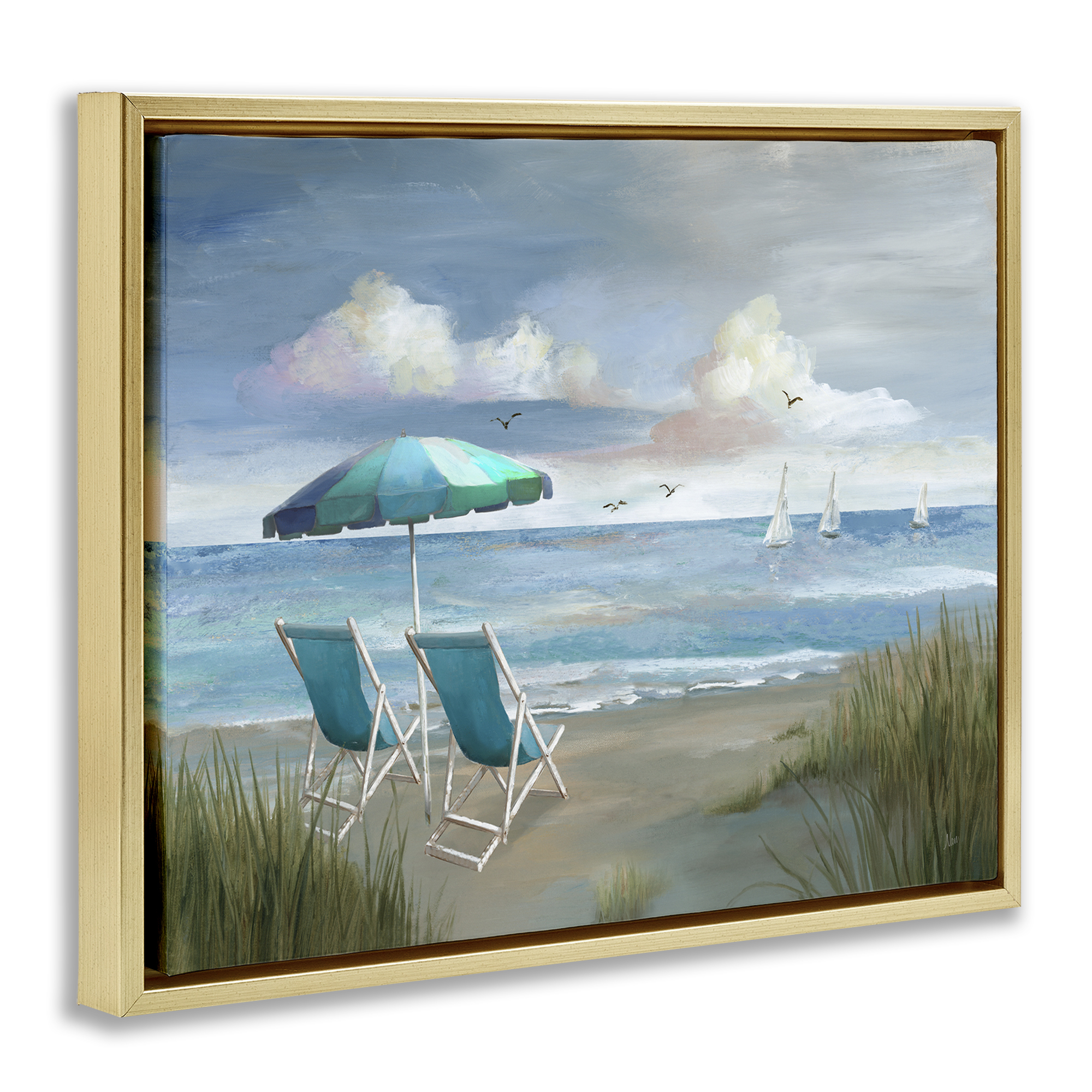 Stupell Industries Seagulls over Calm Beach Nautical & Beach Painting Gold Floater Framed Canvas Art Print Wall Art, 31 x 25