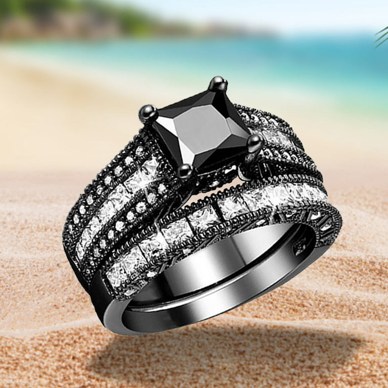 WOXINDA 2 In 1 Womens Vintage Black Ring Diamond Engagement Wedding Band Ring  Set 
