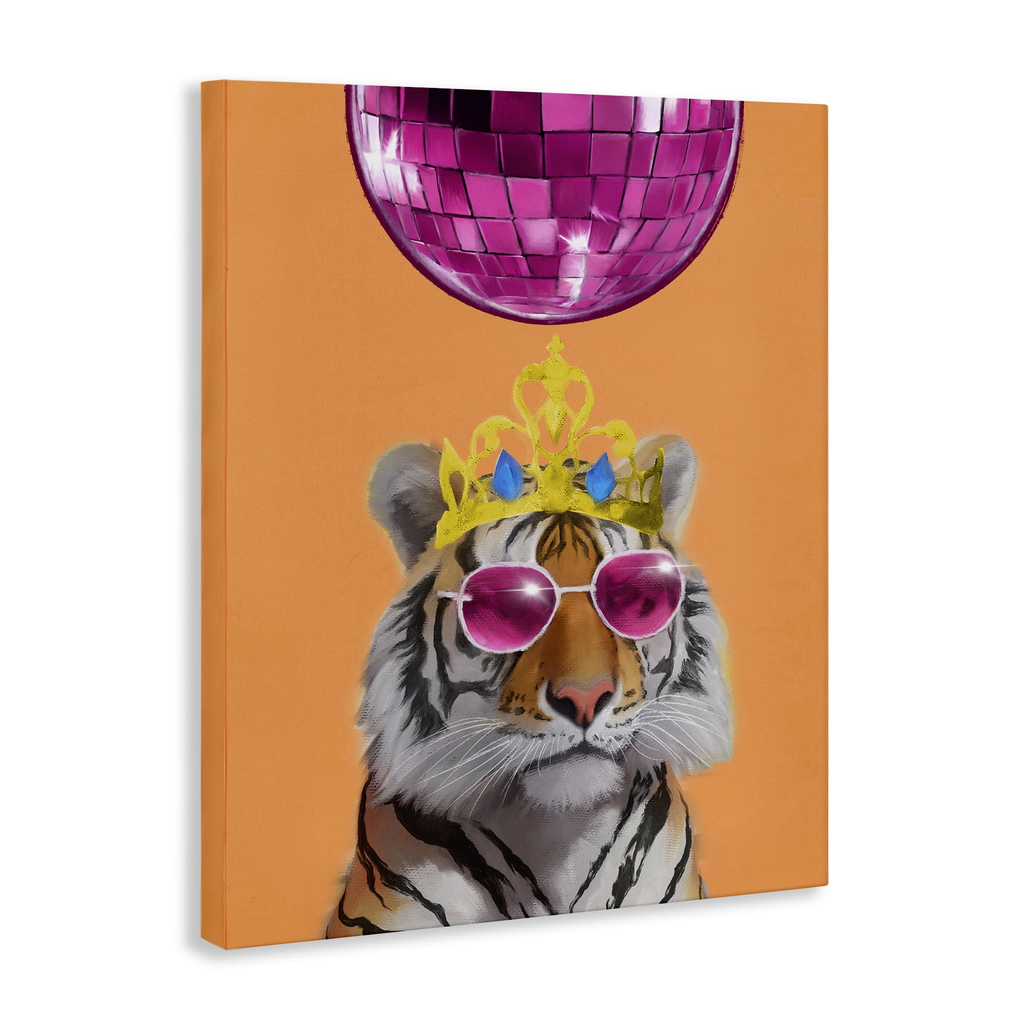 Stupell Industries Disco Tiger with Crown Animals Painting Wrapped Canvas Art Print Wall Art, 36 x 48