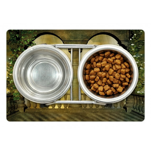 Landscape Pet Mat for Food and Water, Mystical Balcony Fairytale with Floral Swirl Antique Design Art Print, Non-Slip Rubber Mat for Dogs and Cats, 18" X 12", by Ambesonne