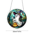 thumbnail image 3 of Halloween Suncatcher, 7.87 Inch Round Acrylic Window Hanging Decor, Ghost with Witch Hat & Pumpkin Design, Creates Rainbow Light Refraction, Halloween Home and Party Ornament, 3 of 6
