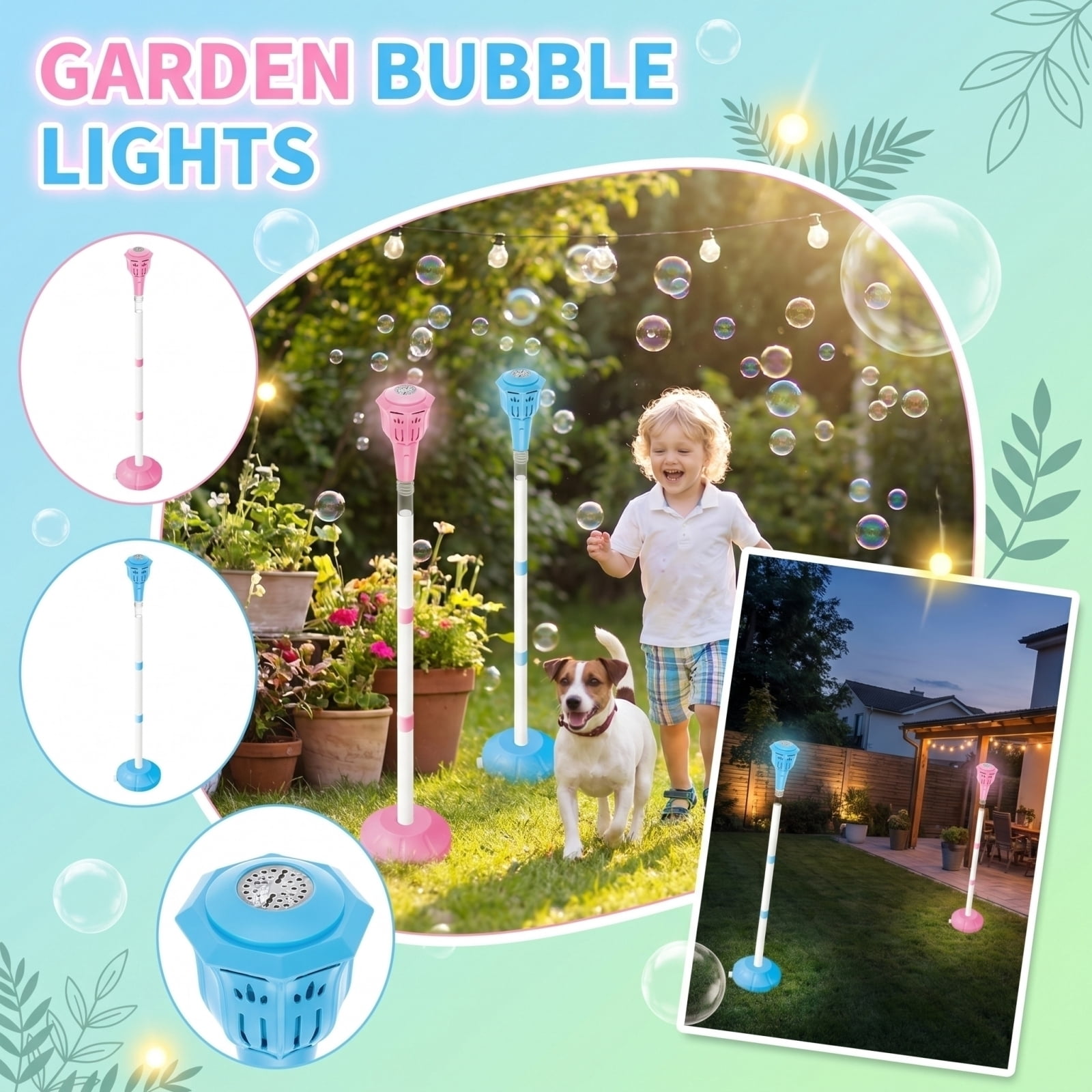 Garden Lamp Kids Bubble Toy, Bubble Maker with LED Light, Rechargeable Adjustable Height Blower for Summer Outdoor Fun Events Pink