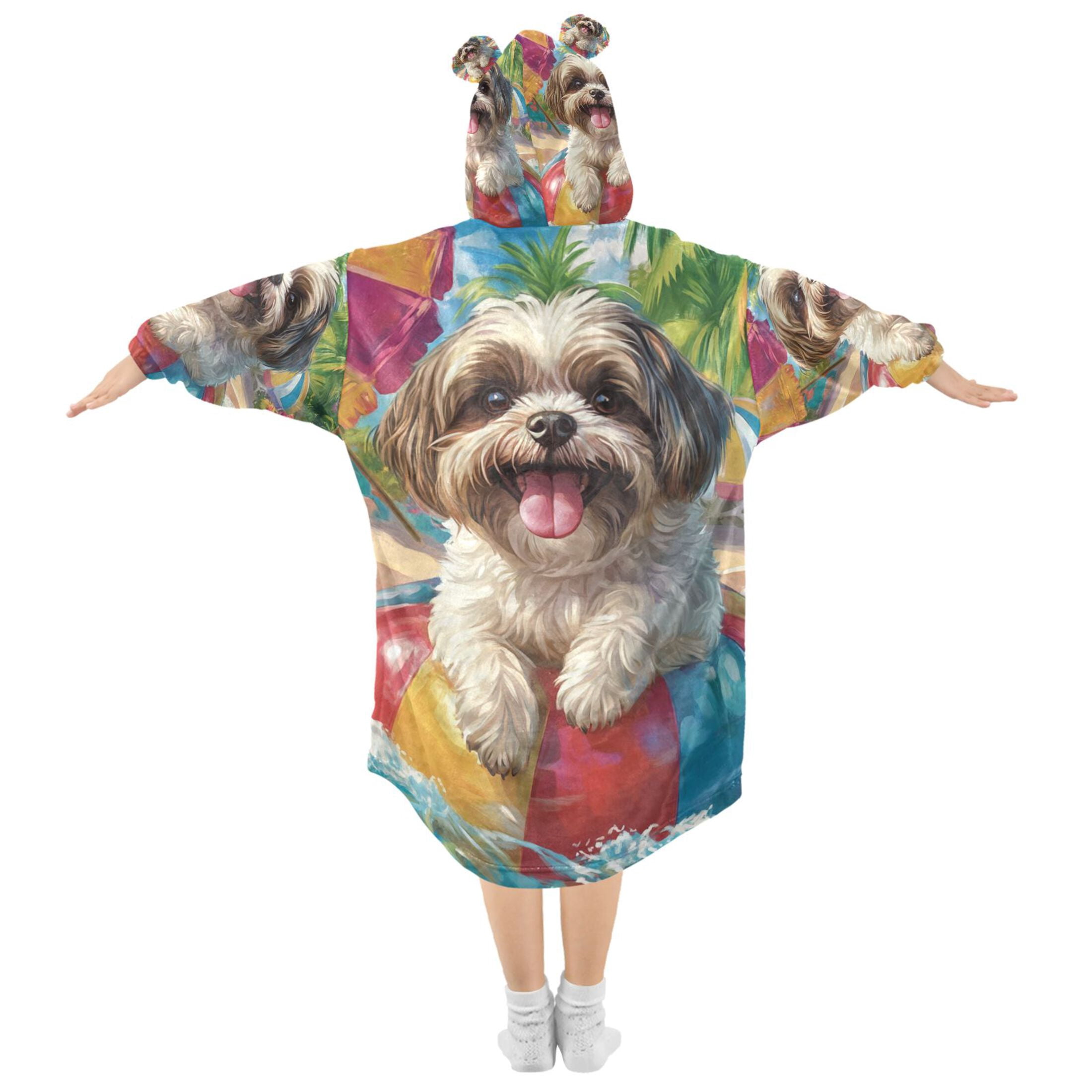 YAZAOO Kids Wearable Blanket Hoodie Warm and Cozy Playful Poolside Pup Flannel Sweatshirt